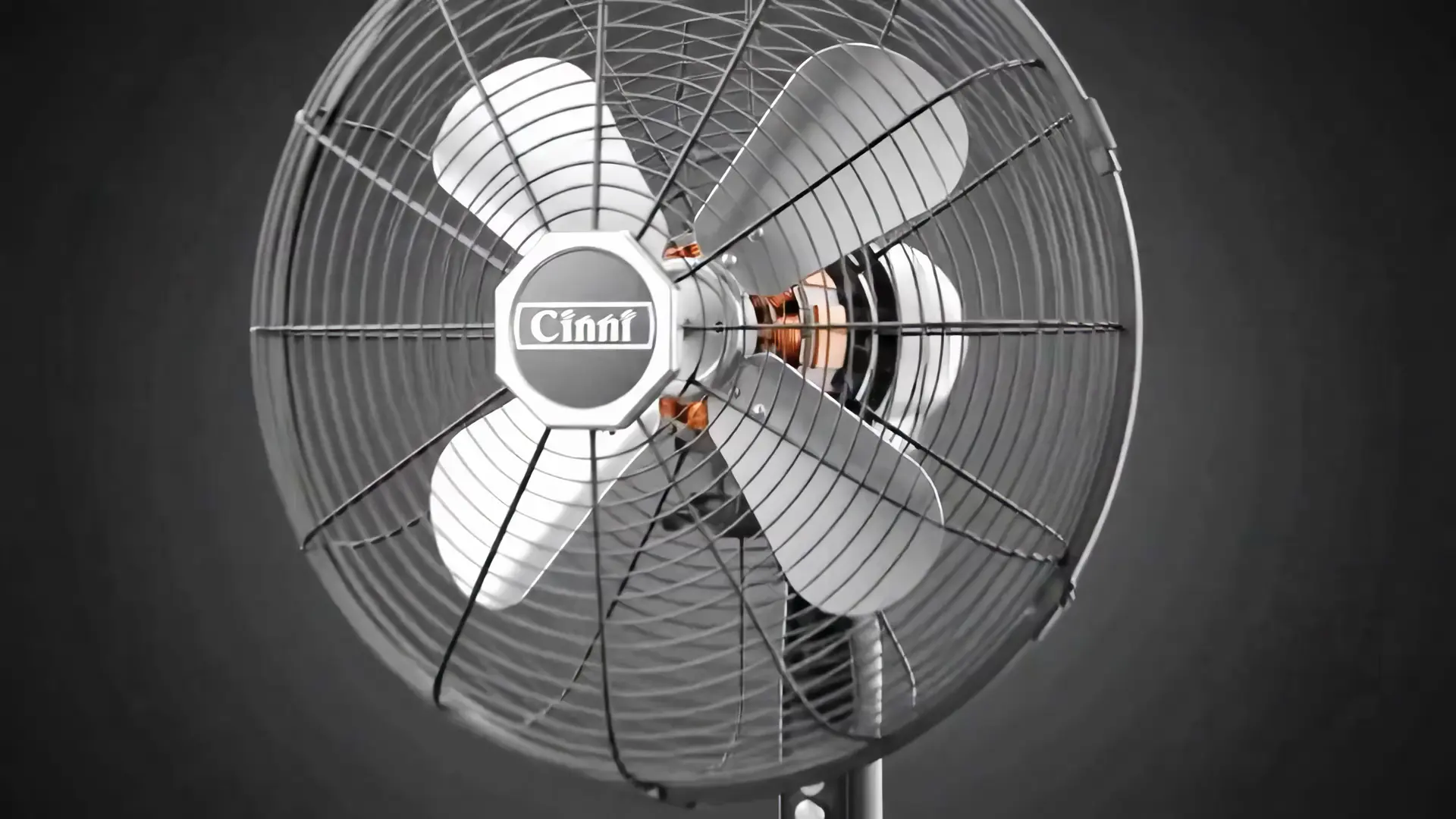 The guard and hub of a Cinni fan, close up, from the manufacturer's film