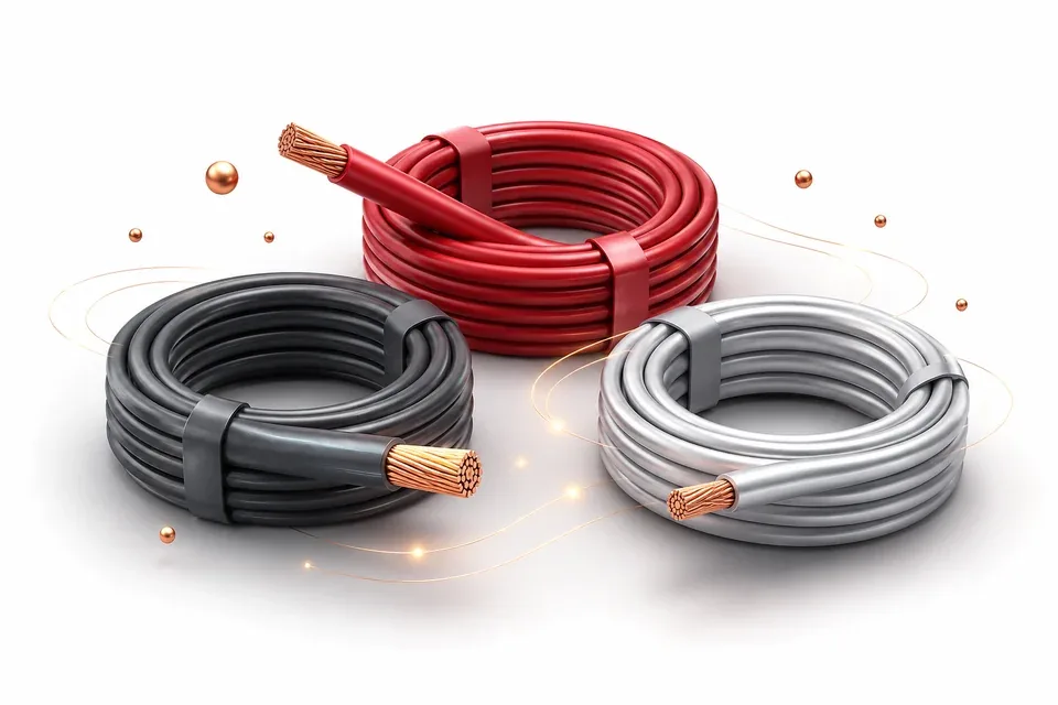 Three coils of stranded copper cable in red, grey and white
